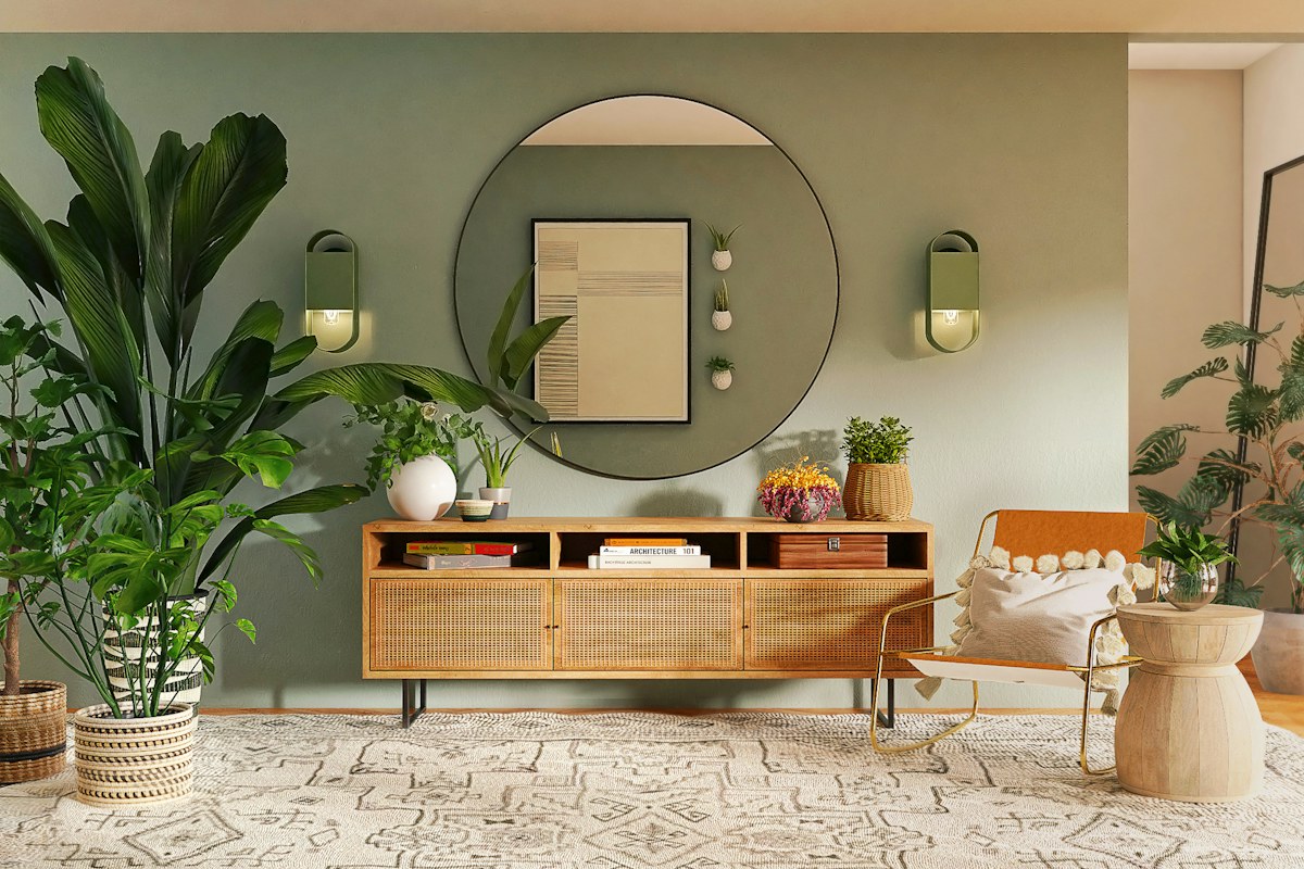 A wooden console table beneath a round mirror with plants and framed art